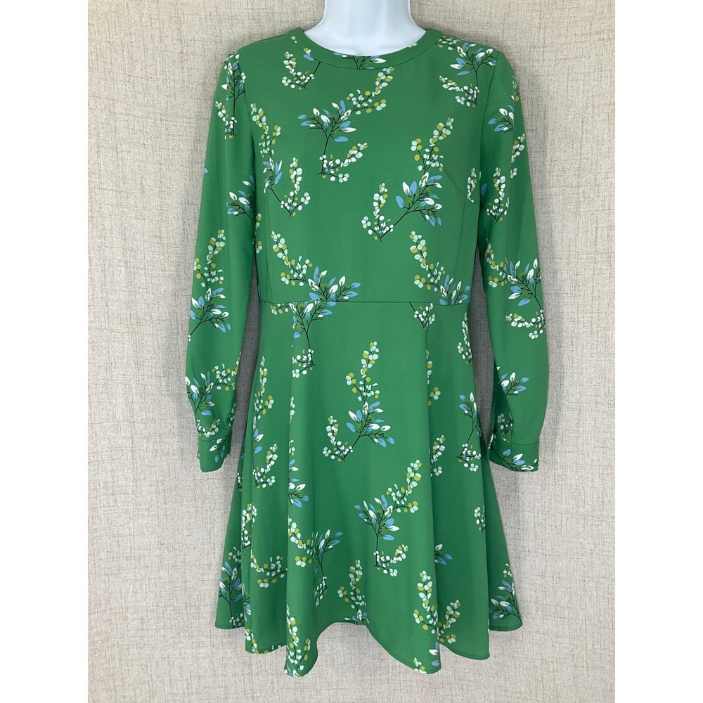 LOFT Petites Green Floral Long Sleeve Fit and Flare Dress Size 2P Office Party